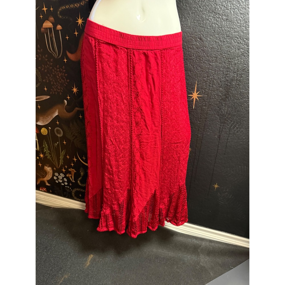 Catherines Red Embroidered Crochet Lace Trim Maxi Skirt Plus Size 2X Boho Rayon